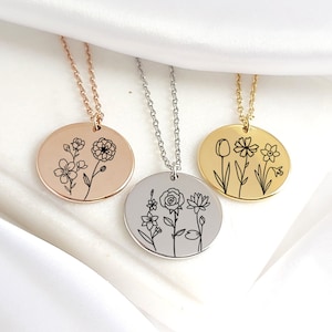 Gecombineerde geboortebloemenketting, op maat gegraveerde geboortemaand bloemenboeket munthanger, gepersonaliseerd verjaardagscadeau voor moeder, zus, vrouw