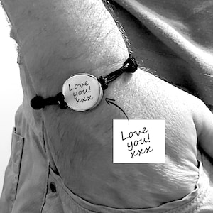 Custom Handwriting bracelet form men and women, memorial adjustable leather bracelet engraved with drawings and signatures, remembrance gift