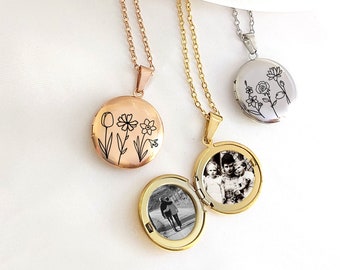 Combined Birth Flower Locket necklace for photo and engraving,  Round Locket, non tarnish, Engraved Locket, birthday gift for her, mom