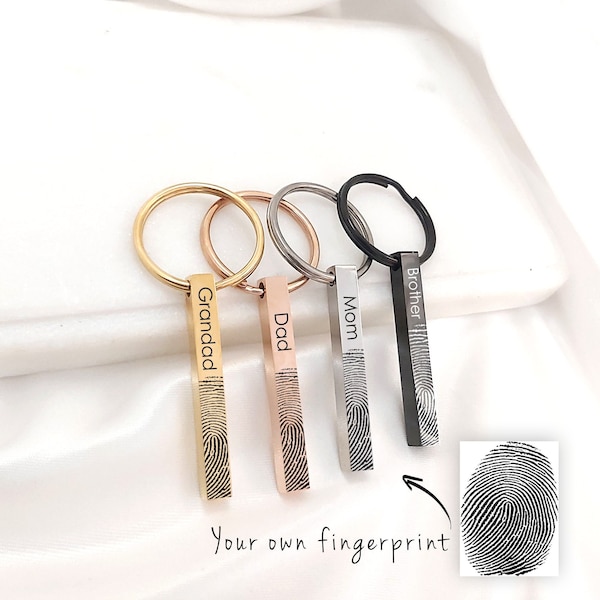 Fingerprint keychain, personalized 4 sides bar keyring engraved with deceased thumbprint, names and your own handwriting, memorial gift