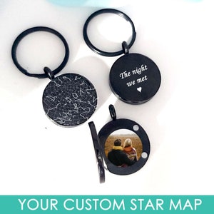 Porte-clés médaillon de carte des étoiles du ciel nocturne avec photo, cadeau carte des étoiles personnalisé, cadeau constellation, cadeau carte des étoiles par date pour elle et lui, cadeau galaxie.