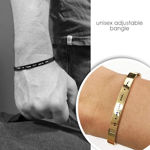 Morse code bracelet, custom engraved couples cuff bangle, waterproof jewelry, personalized anniversary gift for boyfriend and girlfriend