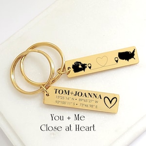 Personalized long distance relationship matching keychains with custom engraved estate, country, city map and coordinates, going away gift