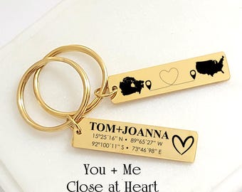 Personalized long distance relationship matching keychains with custom engraved estate, country, city map and coordinates, going away gift