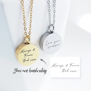 Actual handwriting urn necklace for human ashes custom engraved with your loved signature, cremation jewelry, memorial gift, waterproof