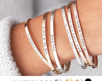 Manchette fine personnalisée, votre propre texte ou blanc, bracelet personnalisé pour femme, bracelet coordonné, jonc fin, cadeau de demoiselle d'honneur, cadeaux pour elle