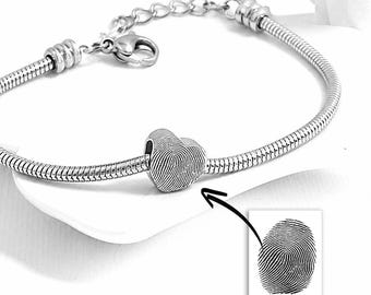 Fingerprint heart charm for bracelet, personalized bead engraved with deceased thumbprint, grief sympathy loss of father, loss of mother