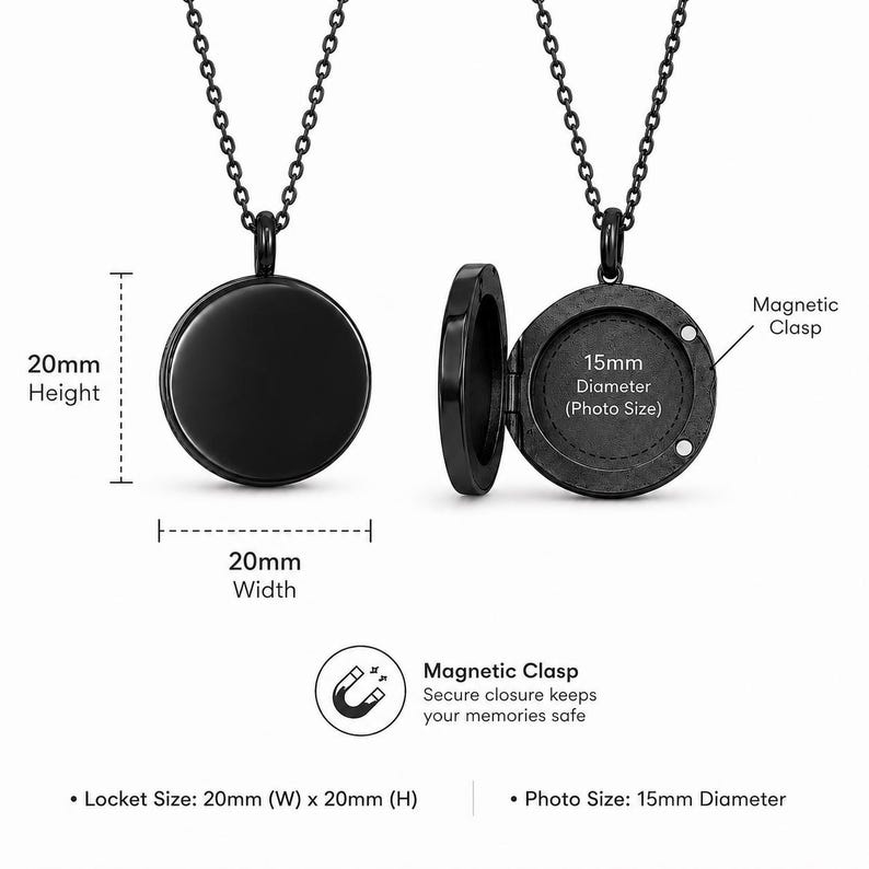 May include: A black circular locket pendant on a matching chain. The locket measures 20mm in height and 20mm in width. It features a magnetic clasp and an interior space for a photo with a 15mm diameter. The design includes a secure closure.