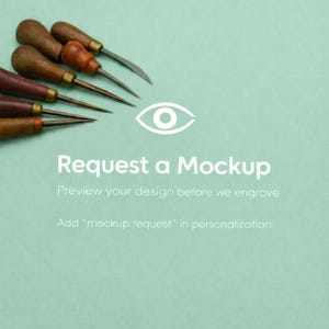 May include: A collection of leatherworking tools with wooden handles and metal tips, arranged on a light green background. The image includes the text "Request a Mockup" and instructions for personalization.