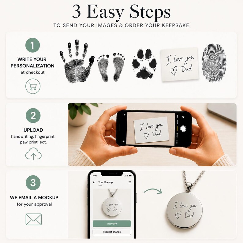 May include: An infographic titled 3 Easy Steps to send images and order a keepsake. Step 1 shows a handprint, footprints, paw print, handwritten note saying I love you Dad, and a fingerprint. Step 2 shows a smartphone capturing a note. Step 3 shows a digital mockup and a silver pendant necklace engraved with I love you Dad.