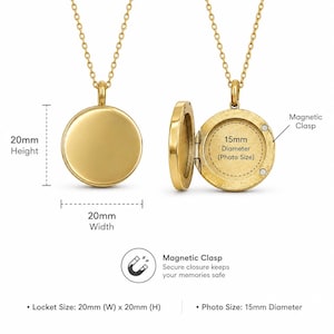 May include: A gold-colored round locket necklace, shown closed and open, revealing a space for a photo. The locket is 20mm wide and high, with a 15mm photo diameter. It features a magnetic clasp for secure closure.