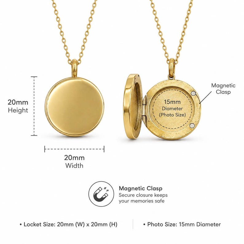 May include: A gold-colored round locket necklace, shown closed and open, revealing a space for a photo. The locket is 20mm wide and high, with a 15mm photo diameter. It features a magnetic clasp for secure closure.