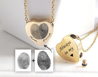 Collar con urna en forma de corazón para cenizas con 2 huellas dactilares, joyería conmemorativa personalizada para la pérdida de mamá o papá, recuerdo con huella dactilar grabada a medida.