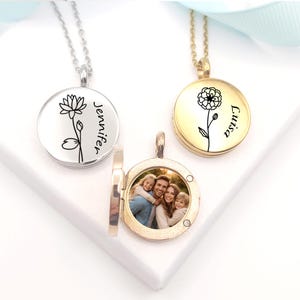 Birth Flower Locket necklace for photo and name engraved, gold small locket for teenage girls & kids, Christmas gifts for daughter