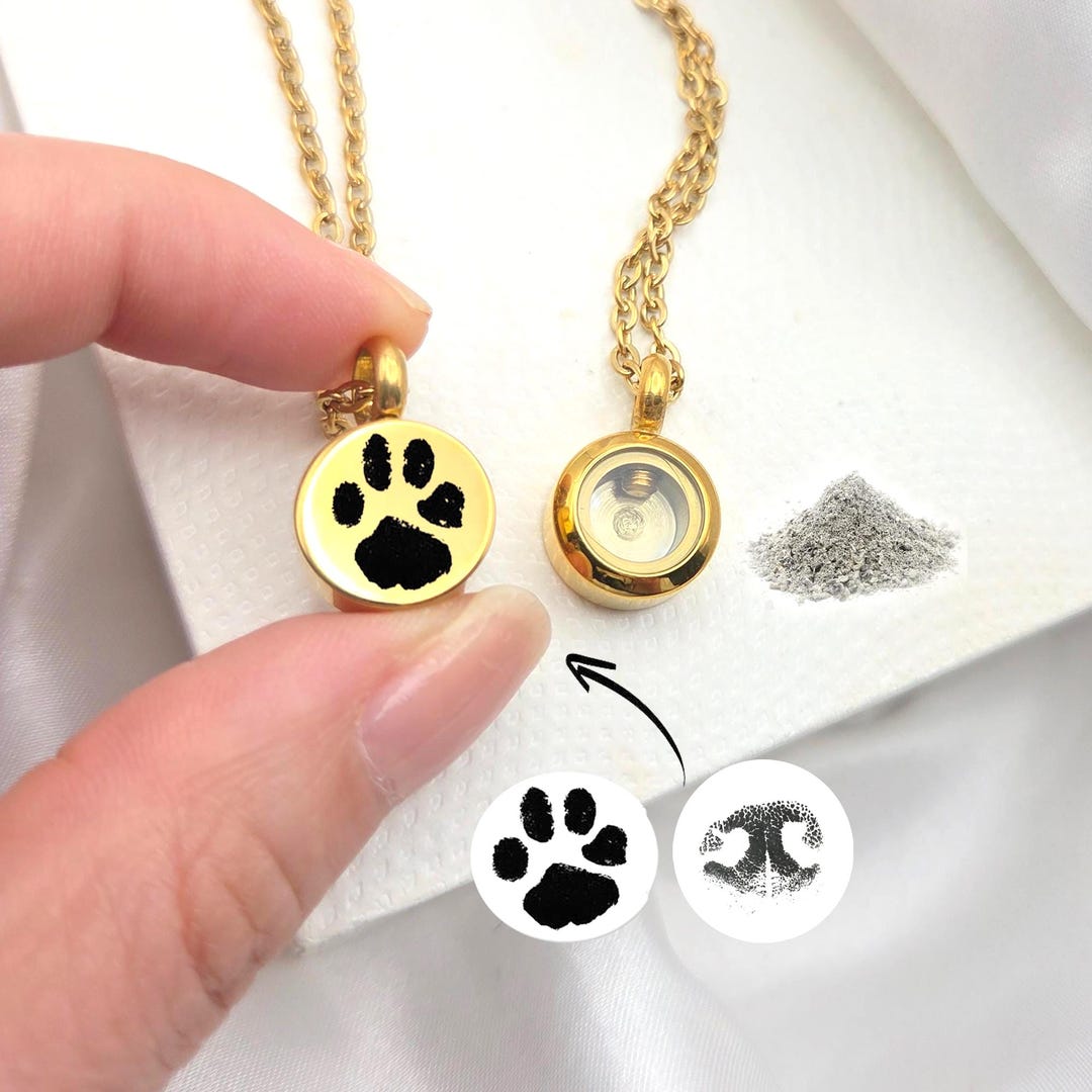 Custom Paw Print Pet Ashes Urn Necklace for Men and Women, Gold Glass ...