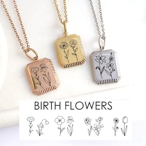 Personalisierte Rechteck Halskette mit zwei Geburtsblumen graviert ~ Benutzerdefinierte Edelstahl wasserdichte Halskette für Mama und Oma.