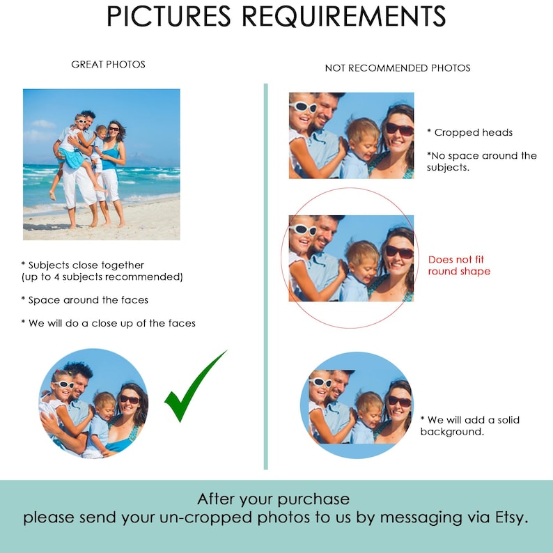 May include: An informational graphic titled "PICTURES REQUIREMENTS" with examples of "GREAT PHOTOS" and "NOT RECOMMENDED PHOTOS." The text advises on photo composition, including subject spacing and cropping. The bottom text reads, "After your purchase please send your un-cropped photos to us by messaging via Etsy."