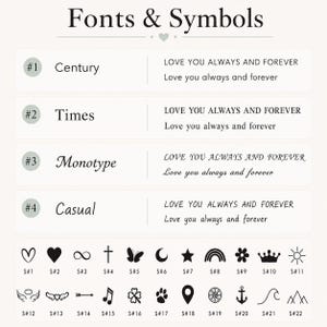 May include: A chart titled Fonts & Symbols displaying four numbered font styles: Century, Times, Monotype, and Casual, each showing the text LOVE YOU ALWAYS AND FOREVER in uppercase and sentence case, followed by twenty-two numbered black icons.