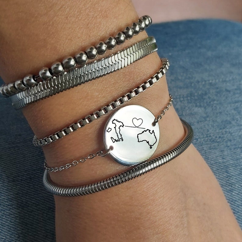 Personalized long distance relationship coin bracelet with custom engraved estate or country map, going away gift for girlfriend, love gift image 2