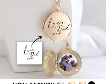 Handwriting Necklace, Custom Engraved Gold Locket With Photo