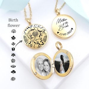May include: Gold-colored locket necklaces with various designs. One locket features a floral pattern, another has "Mother of the Bride" and a date. One locket is open, displaying two photos. The text "Birth flower" is also present.