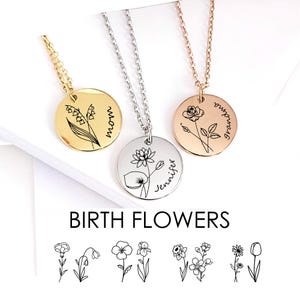 Personalized mama and grandma necklace custom engraved with a name and a birth flower of your choice, birthday gifts for her.