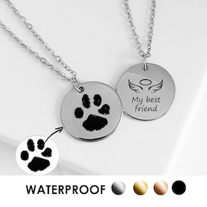 Paw print necklace, custom engraved dog nose print pendant, personalized pet memorial jewelry, loss of dog sympathy gift, pet cremation gift