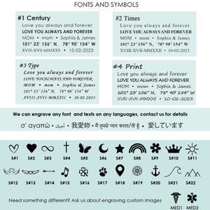 May include: A chart displaying four font styles labelled #1 Century, #2 Times, #3 Type, and #4 Print, each showing sample text like Love you always and forever, dates, and coordinates. Below are twenty-two black symbols and two medical icons.