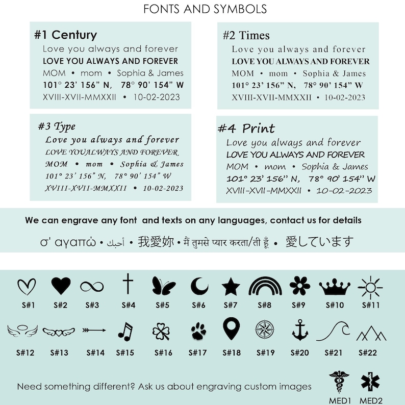 May include: A chart displaying four font styles labelled #1 Century, #2 Times, #3 Type, and #4 Print, each showing sample text like Love you always and forever, dates, and coordinates. Below are twenty-two black symbols and two medical icons.