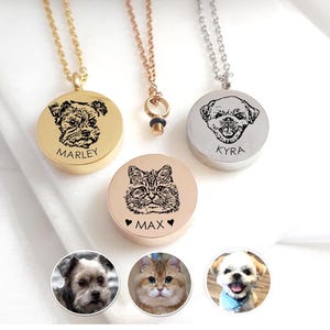 May include: Three circular pendant necklaces in gold, rose gold, and silver tones. Each pendant features a laser-engraved pet portrait and a name: Marley, Max, or Kyra. The rose gold pendant shows a cat, while the others show dog portraits.