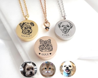 May include: Three circular pendant necklaces in gold, rose gold, and silver tones. Each pendant features a laser-engraved pet portrait and a name: Marley, Max, or Kyra. The rose gold pendant shows a cat, while the others show dog portraits.