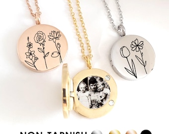 Combined Birth Flower Locket necklace for photo and engraving,  Round Locket, non tarnish, Engraved Locket, birthday gift for her, mom