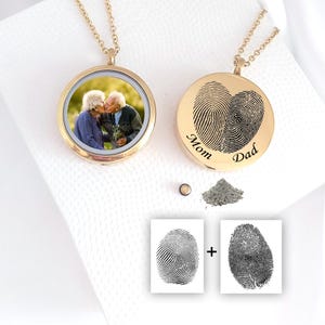 Fingerprint locket with photo and urn necklace for human ashes, custom engraved deceased cremation urn with two thumbprints, dad memorial.