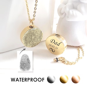 Fingerprint necklace, round custom engraved urn necklace for human ashes, keepsake cremation jewelry, dad memorial gift, loss of father