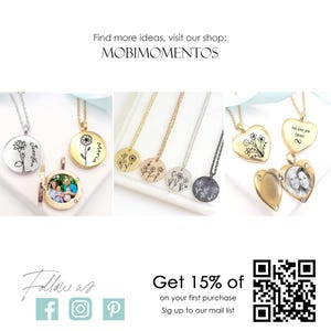 May include: A collection of personalized necklaces in gold, silver, and black. The necklaces feature floral designs, engraved names, and photo locket pendants. The image also includes the text "Find more ideas, visit our shop: MOBIMOMENTOS".