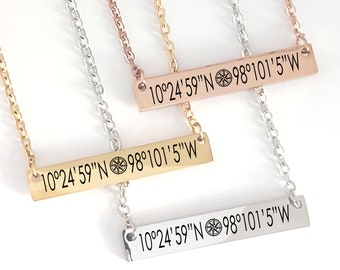 Coordinates bar necklace, personalized location latitude longitude jewelry, custom engraved waterproof long distance necklace for girlfriend