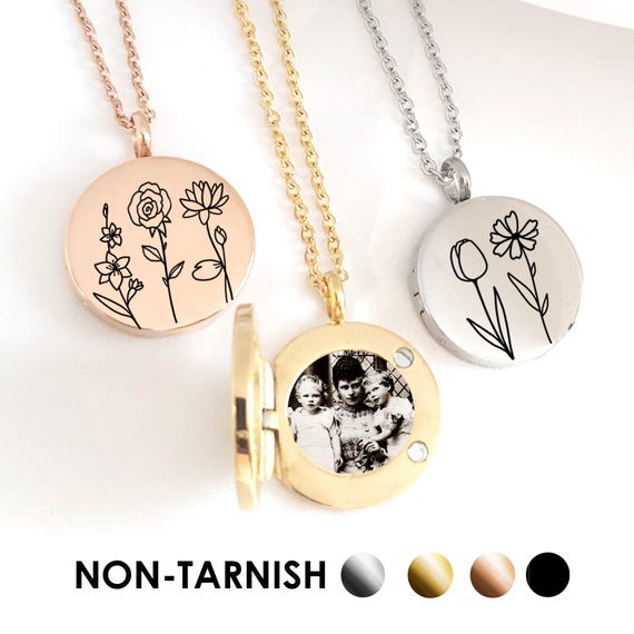 Combined Birth Flower Locket necklace for photo and engraving,  Round Locket, non tarnish, Engraved Locket, birthday gift for her, mom