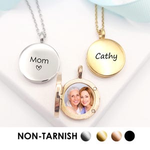 Gold locket necklace with photo, round custom engraved heirloom for picture, personalized birthday gifts for mom, daughter, grandma