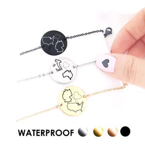 Bracelet personnalisé pour relation longue distance avec carte gravée du domaine ou du pays, cadeau de départ pour petite amie, cadeau d'amour