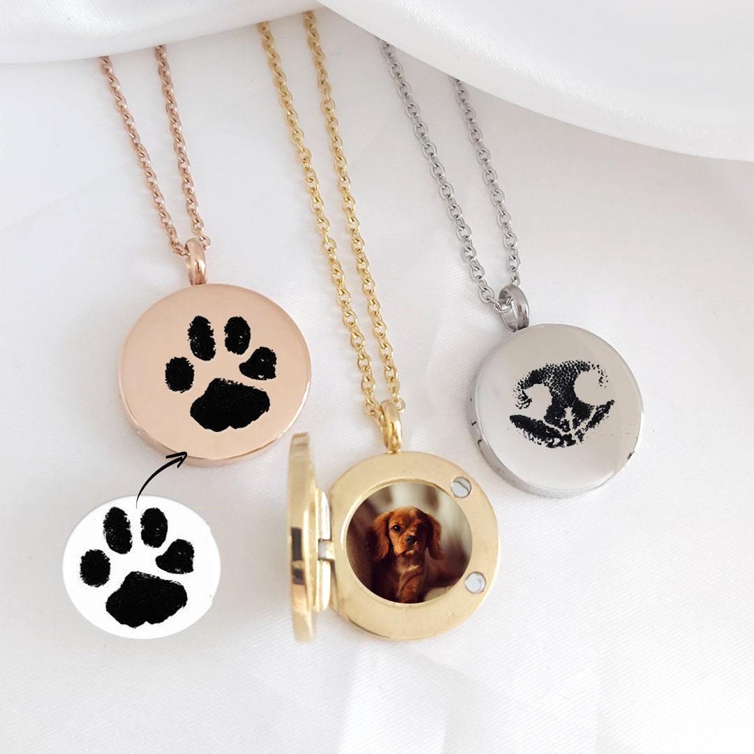 Dog Paw Necklace for Picture, Custom Engraved Locket for Photo, Cat Paw