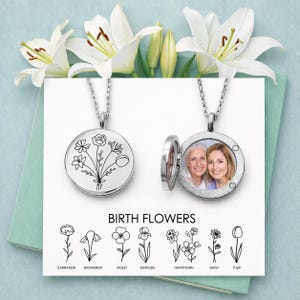 Birth Flower Locket necklace with photo and engraving for grandma, family bouquet combined birth month flower necklace for mom.
