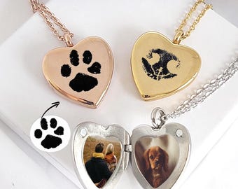 Custom heart locket necklace with dog pawprint engraved, loss of pet memorial jewelry, loss of dog sympathy cremation jewelry, loss of cat