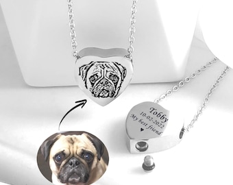 May include: A silver-toned heart-shaped pendant necklace featuring an engraved pug portrait on the front. The reverse side is engraved with the text Tobby, 10-02-2022, My best friend, and a heart symbol. The pendant has a removable screw cap.