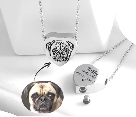 Personalized Heart Urn Necklace with Custom Pet Portrait – Engraved Dog, Cat, Horse Memorial Jewelry for Ashes – Pet Loss Gift for Her
