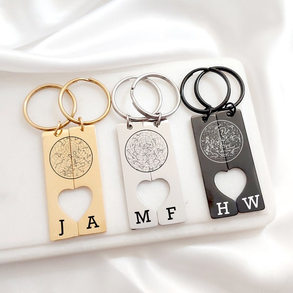 Night Sky Star map keychain engraved with initials and dates, personalized keychain anniversary gifts for couples, wedding gift for groom