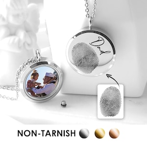 Fingerprint locket with photo and urn necklace for human ashes, custom engraved deceased thumbprint cremation jewelry, dad memorial gift
