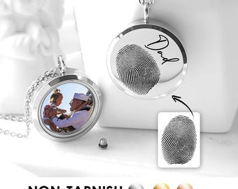 Fingerprint locket with photo and urn necklace for human ashes, custom engraved deceased thumbprint cremation jewelry, dad memorial gift