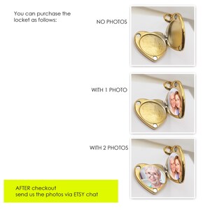 May include: A gold-toned heart-shaped locket shown in three states: empty, with one photograph of two people, and with two photographs including one of an older person with glasses. The text reads: You can purchase the locket as follows: NO PHOTOS, WITH 1 PHOTO, WITH 2 PHOTOS, AFTER checkout send us the photos via ETSY chat.