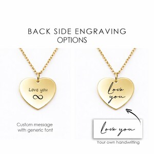May include: Two gold heart-shaped pendants on chains. The left pendant shows the text "Love you" with an infinity symbol in a generic font. The right pendant shows the text "love you" in a handwritten style, matching the sample below it.