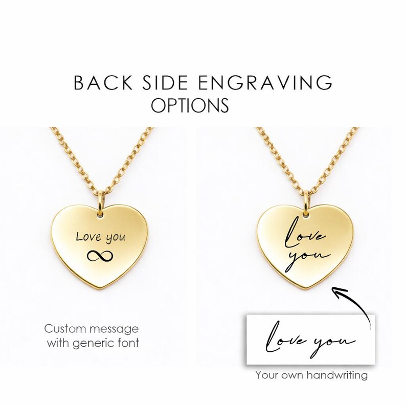 May include: Two gold heart-shaped pendants on chains. The left pendant shows the text "Love you" with an infinity symbol in a generic font. The right pendant shows the text "love you" in a handwritten style, matching the sample below it.